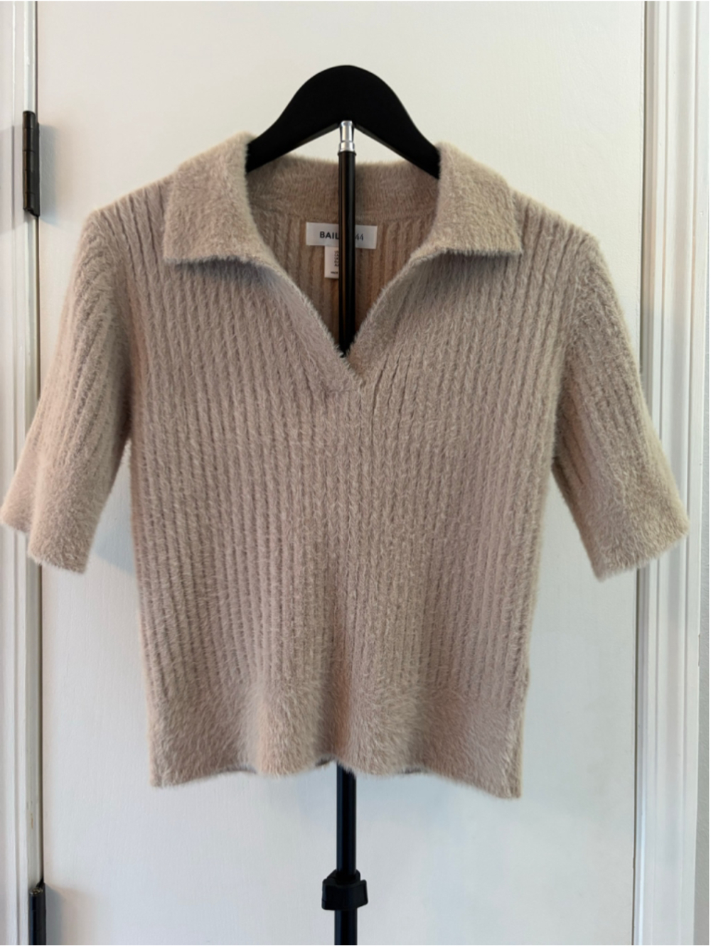 Bailey 44 Taupe Beige Ribbed Short Sleeve Polo Sweater Medium